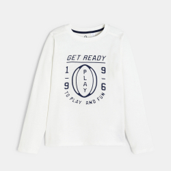 تيشيرت بأكمام طويلة عليه رسالة، باللون الأبيض للأولاد.